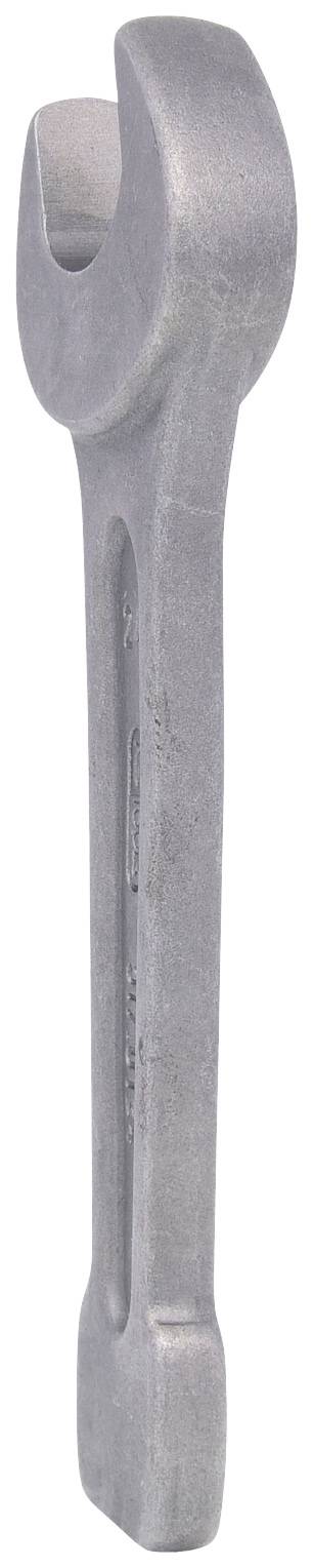 Ein silberner Schraubenschlüssel mit einem offenen Maul zum Festziehen und Lösen von Schrauben und Muttern, vertikal ausgerichtet.