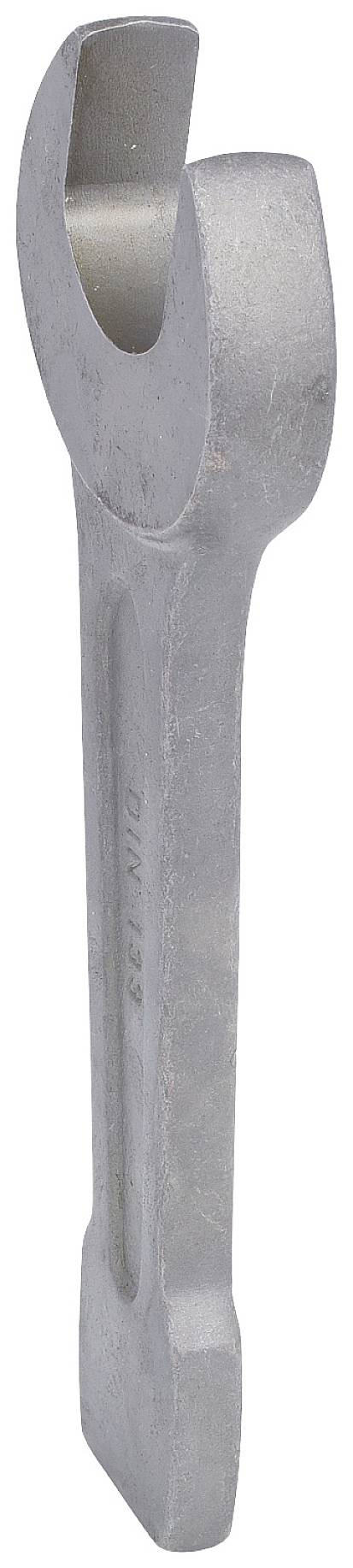 Gabelschlüssel aus Metall, der in einem Winkel steht. Er wird zum Festziehen oder Lösen von Schrauben verwendet.