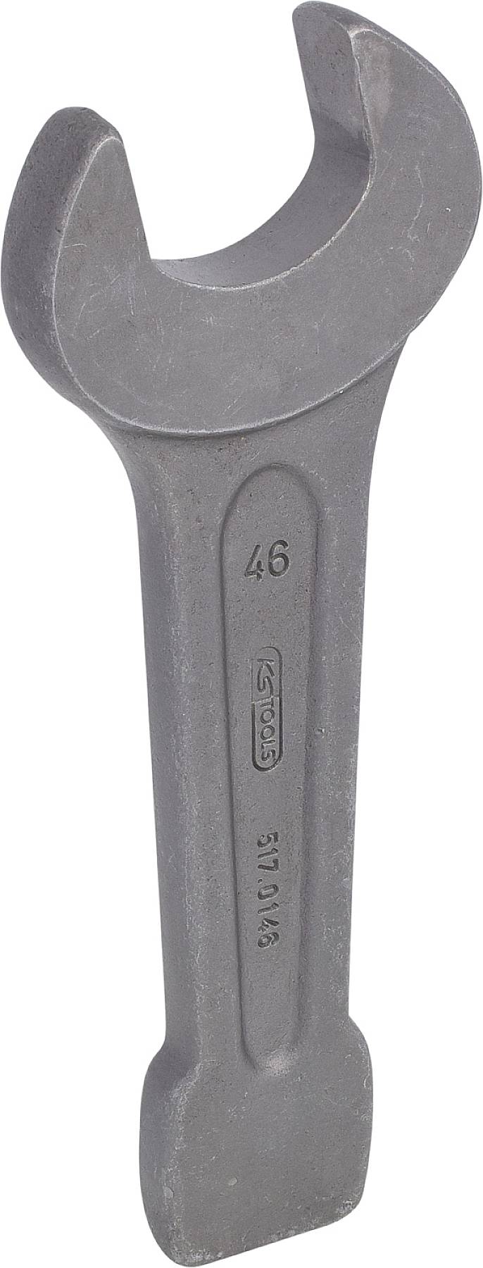 Ein großer Schraubenschlüssel aus Metall mit der Prägung '46' auf dem Griff, geeignet zum Festziehen großer Schrauben und Muttern.
