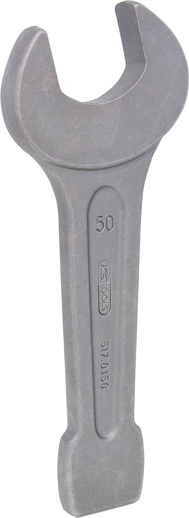 Ein großer Metallschraubenschlüssel mit geöffneter Maulöffnung, auf dem die Zahl '50' geprägt ist. Geeignet für große Muttern.