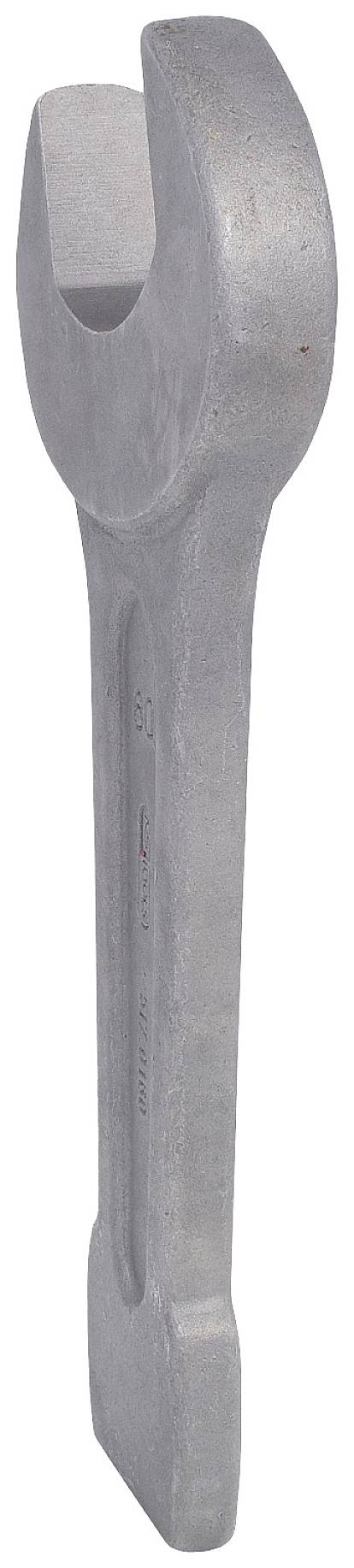 Ein großer, silberner Schraubenschlüssel aus Metall, zur Befestigung von Muttern oder Schrauben.