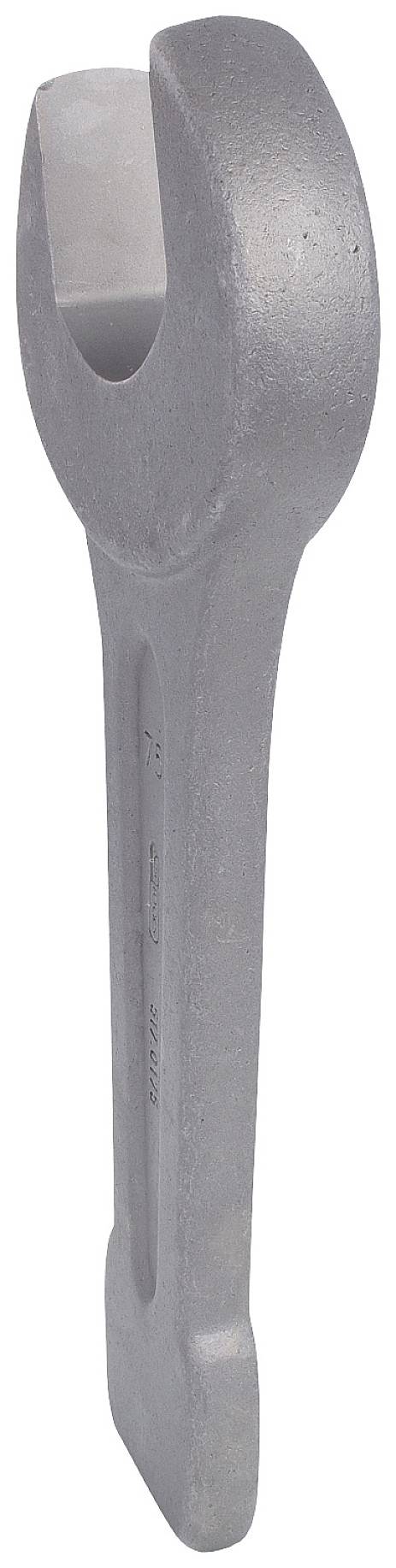 Ein großer Gabelschlüssel aus Metall, vertikal ausgerichtet.