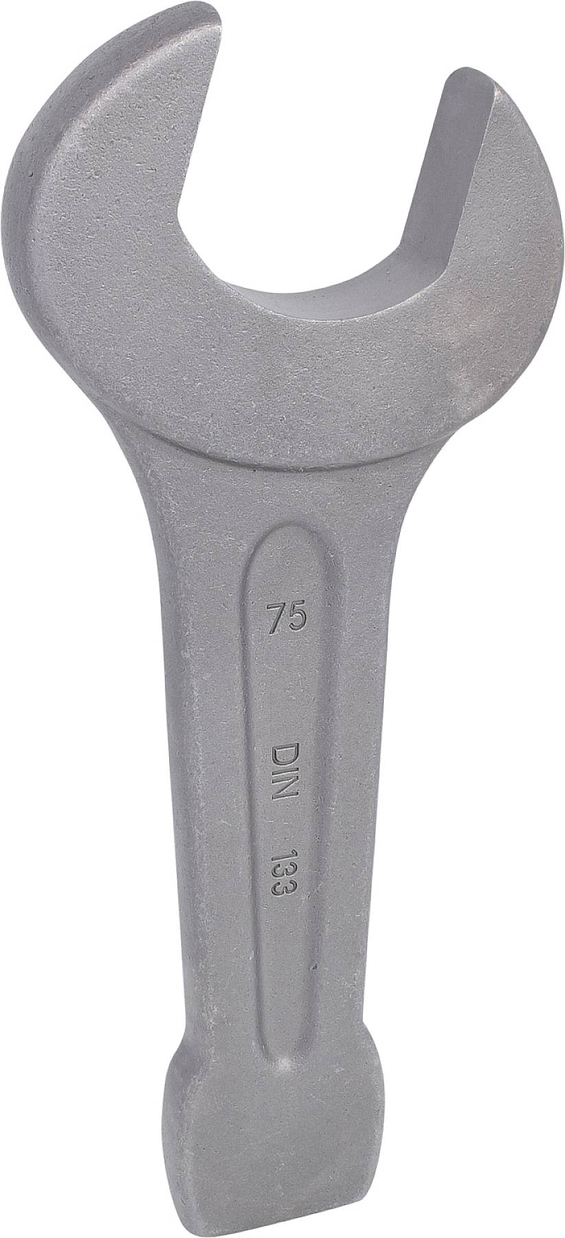 Grauer Maulschlüssel, beschriftet mit '75 DIN 133', zeigt Werkzeug für mechanische Arbeiten oder Reparaturen.