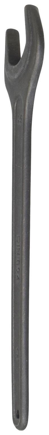 Ein großer, schwarzer Schraubenschlüssel mit gebogenem Griff. Ideal zum Festziehen oder Lösen von Schrauben und Muttern.