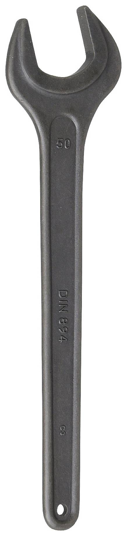 Ein großer, schwarzer Maulschlüssel mit der Aufschrift '80' und 'DIN 894' auf dem Kopf und Griff.