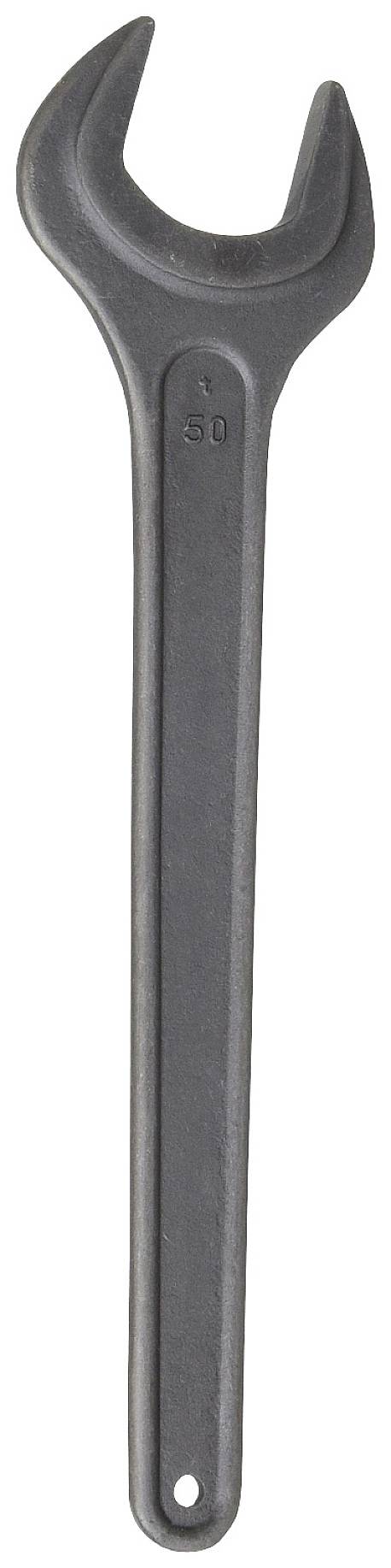 Ein einzelner Schraubenschlüssel aus Metall mit großem Maulkopf, verwendet zum Festziehen und Lösen von Schraubverbindungen.