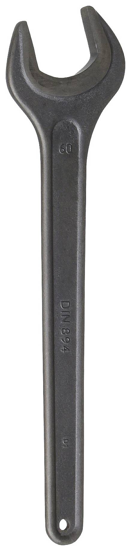 Ein einzelner schwarzer Schraubenschlüssel mit einer offenen Maulöffnung liegt isoliert auf weißem Hintergrund.