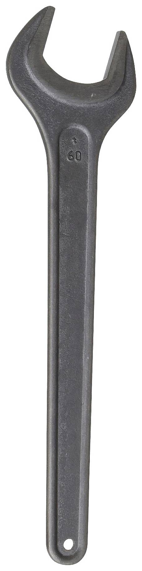 Ein großer, schwarzer Schraubenschlüssel mit geöffneter Maulöffnung, ideal zum Festziehen oder Lösen von großen Schrauben und Muttern.