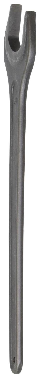 Ein offener Schraubenschlüssel aus Metall mit einem langen, schmalen Griff.