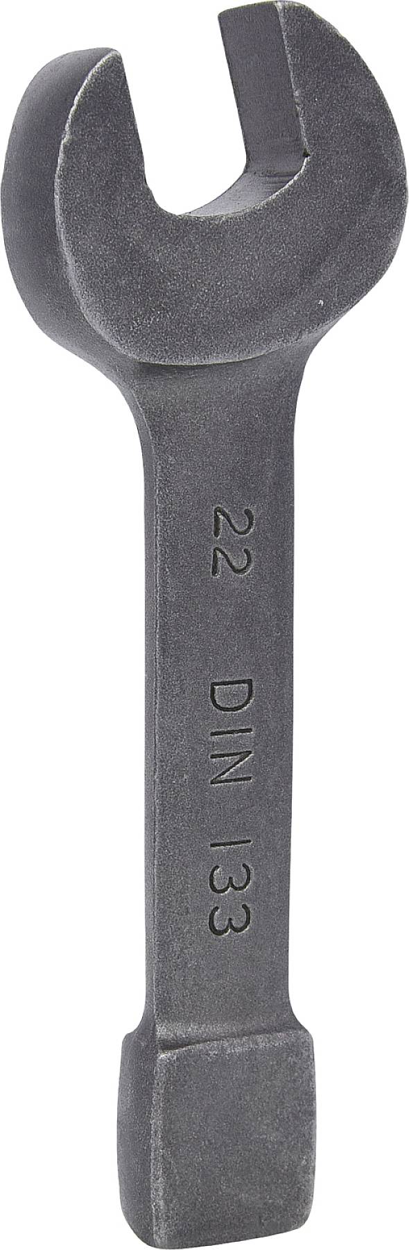 Ein Gabelschlüssel aus Metall mit der Aufschrift '22 DIN 133', verwendet zum Festziehen oder Lösen von Schrauben oder Muttern.
