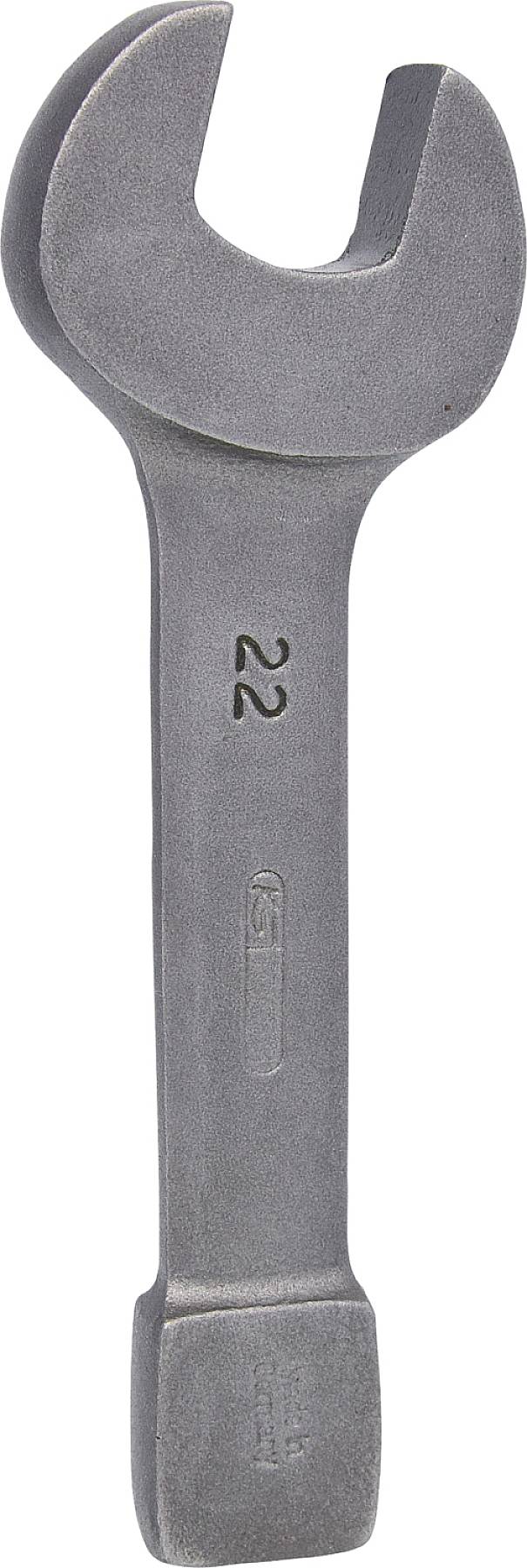 Ein silberner Schraubenschlüssel mit der Aufschrift '22' in der Mitte. Ideal für Reparaturarbeiten mit passenden Schraubengrößen.