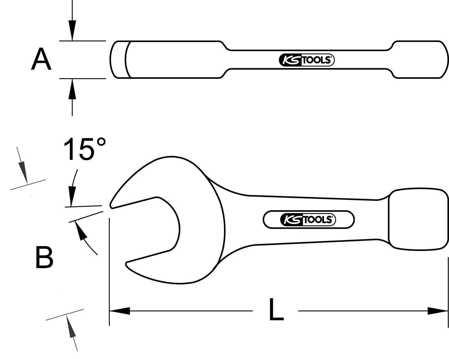 Abbildung eines Schraubenschlüssels von KS Tools mit 15° abgewinkeltem Kopf. Maße A, B, und L sind angegeben.