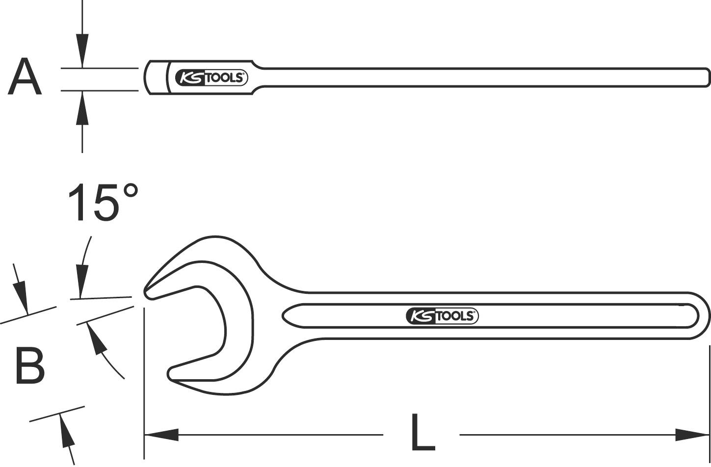 'KS Tools' Schraubenschlüssel-Diagramm mit Maßen: Winkel 15°, Breite B, Länge L, Öffnung A.