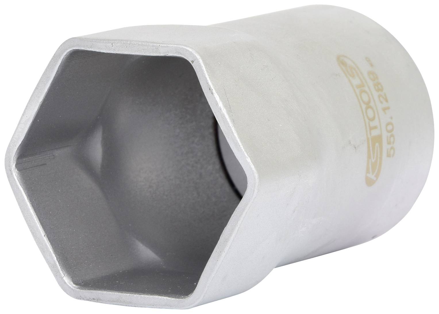 Sechskant-Steckschlüsseleinsatz, silber, mit Markierung der Größe und Markenlogo. Geeignet für die Anwendung auf Muttern und Schrauben.
