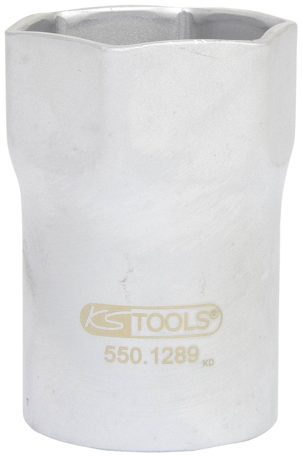 Großer Metall-Steckschlüsseleinsatz mit der Aufschrift 'KS TOOLS 550.1289 KD'. Verwendet zum Festziehen von Schrauben.