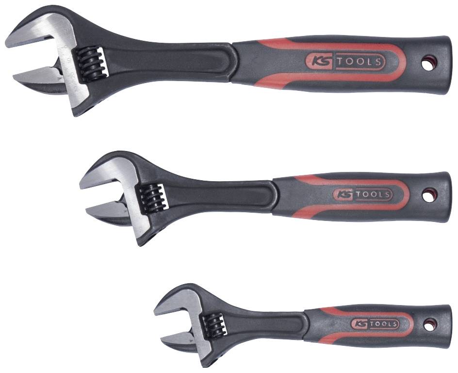 Drei verstellbare Schraubenschlüssel in verschiedenen Größen, schwarz mit roten Akzenten, auf weißem Hintergrund angeordnet.