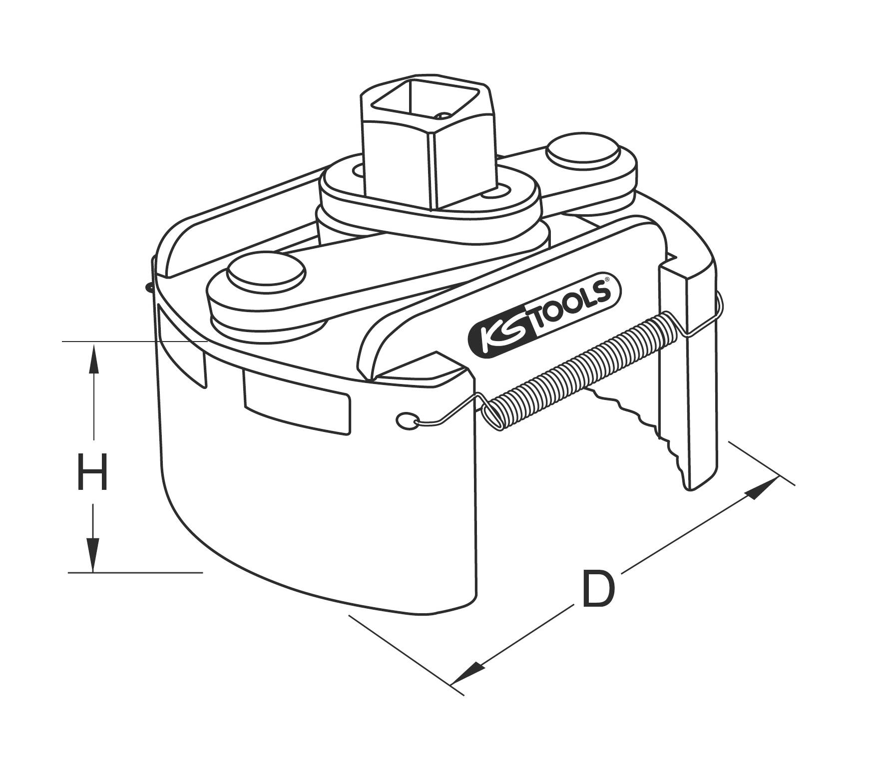 Ein Werkzeugdiagramm zeigt einen Ölfilterspanner mit verstellbaren Greifarmen und Federn, gekennzeichnet mit 'KS TOOLS', Maße H und D angegeben.