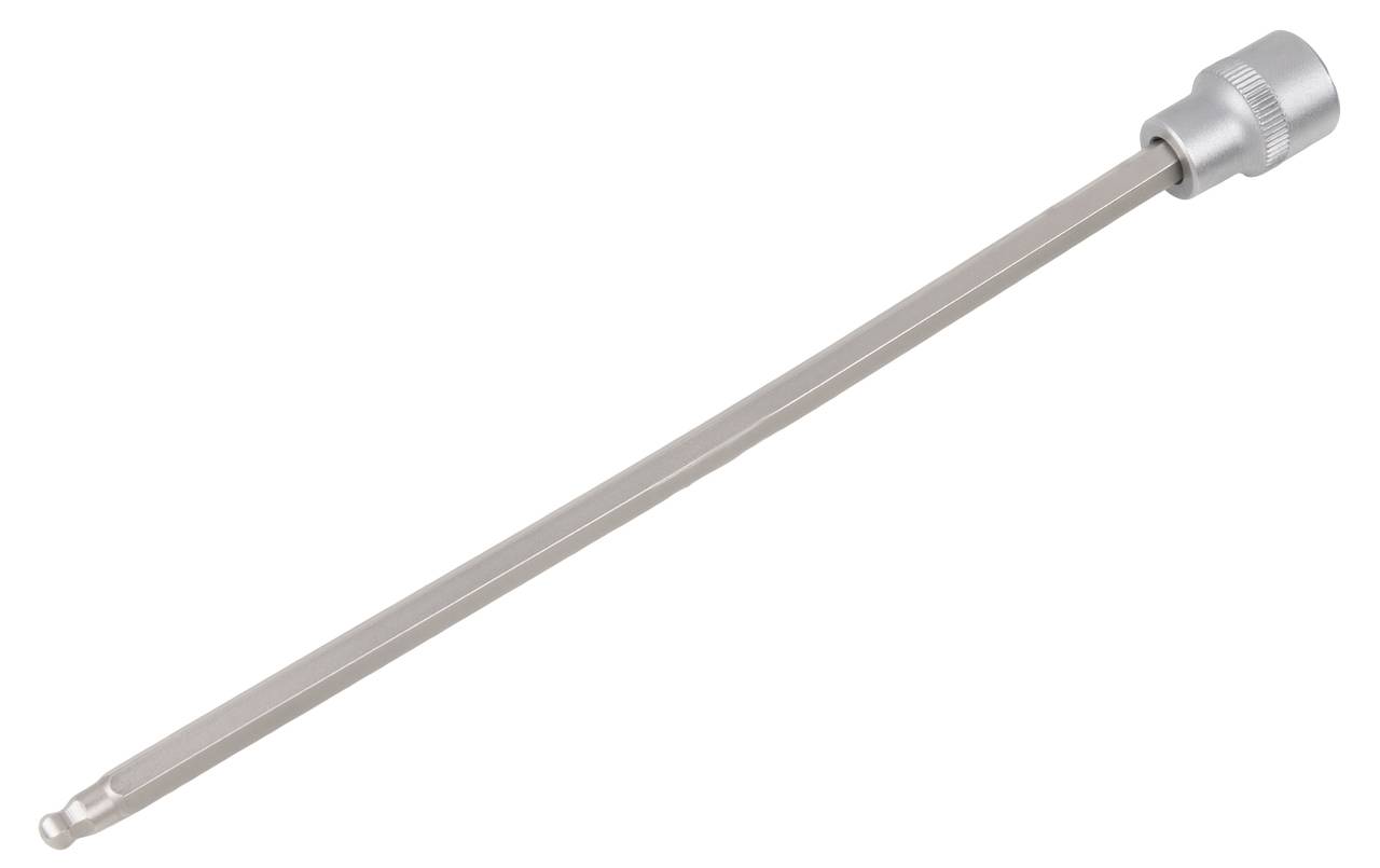 Metallischer langer Steckschlüsselaufsatz mit sechseckigem Ende, geeignet für schwer zugängliche Bereiche.
