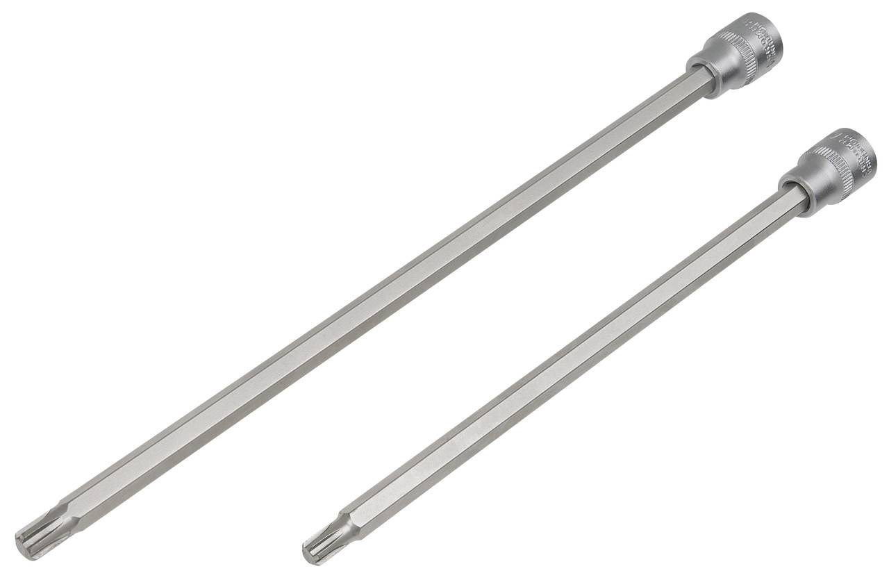 Zwei silberne Torx-Schraubendreher mit langen Schäften und gerändelten Griffen auf weißem Hintergrund.