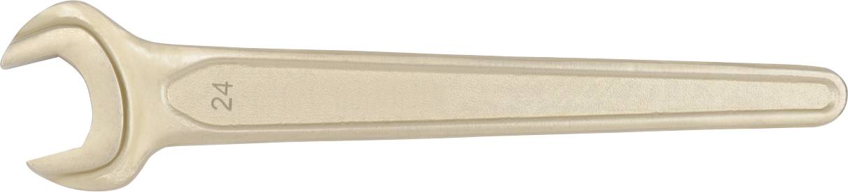 Ein goldfarbener offener Schraubenschlüssel mit einer Größenmarkierung von 24 mm, horizontal auf weißem Hintergrund dargestellt.