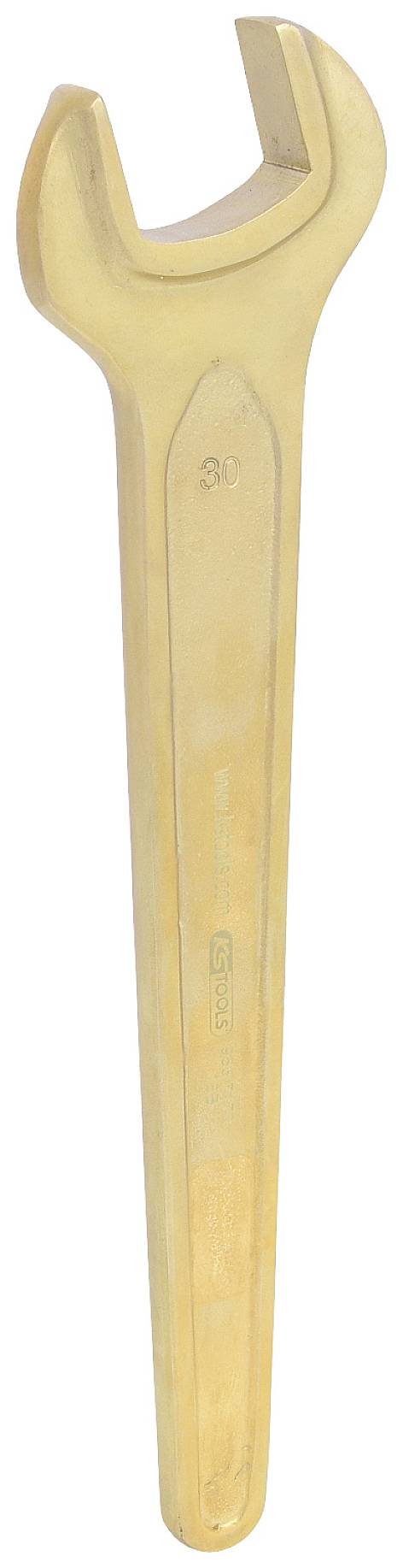 Ein goldener Schraubenschlüssel mit einem offenen Ende, verwendet zum Festziehen oder Lösen von Muttern und Schrauben.