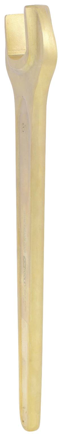 Großer Maulschlüssel aus Metall, schmaler Griff, abgewinkeltes Ende, geeignet zum Greifen und Drehen von Muttern oder Schrauben.