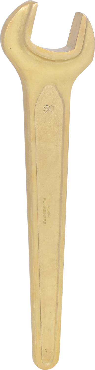 Ein großer goldfarbener Schraubenschlüssel mit offener Maulöffnung, verwendet zum Lösen oder Anziehen von Schrauben und Muttern.