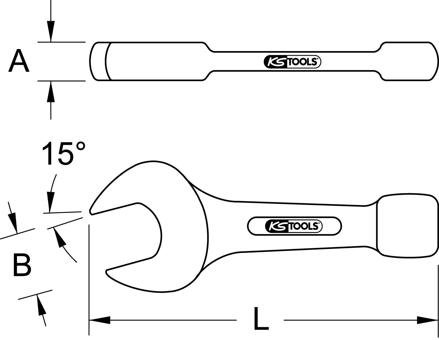Technische Zeichnung eines Maulschlüssels der Marke KS Tools, zeigt Winkel von 15° zwischen Maulöffnung und Griff sowie Maße A, B und L.