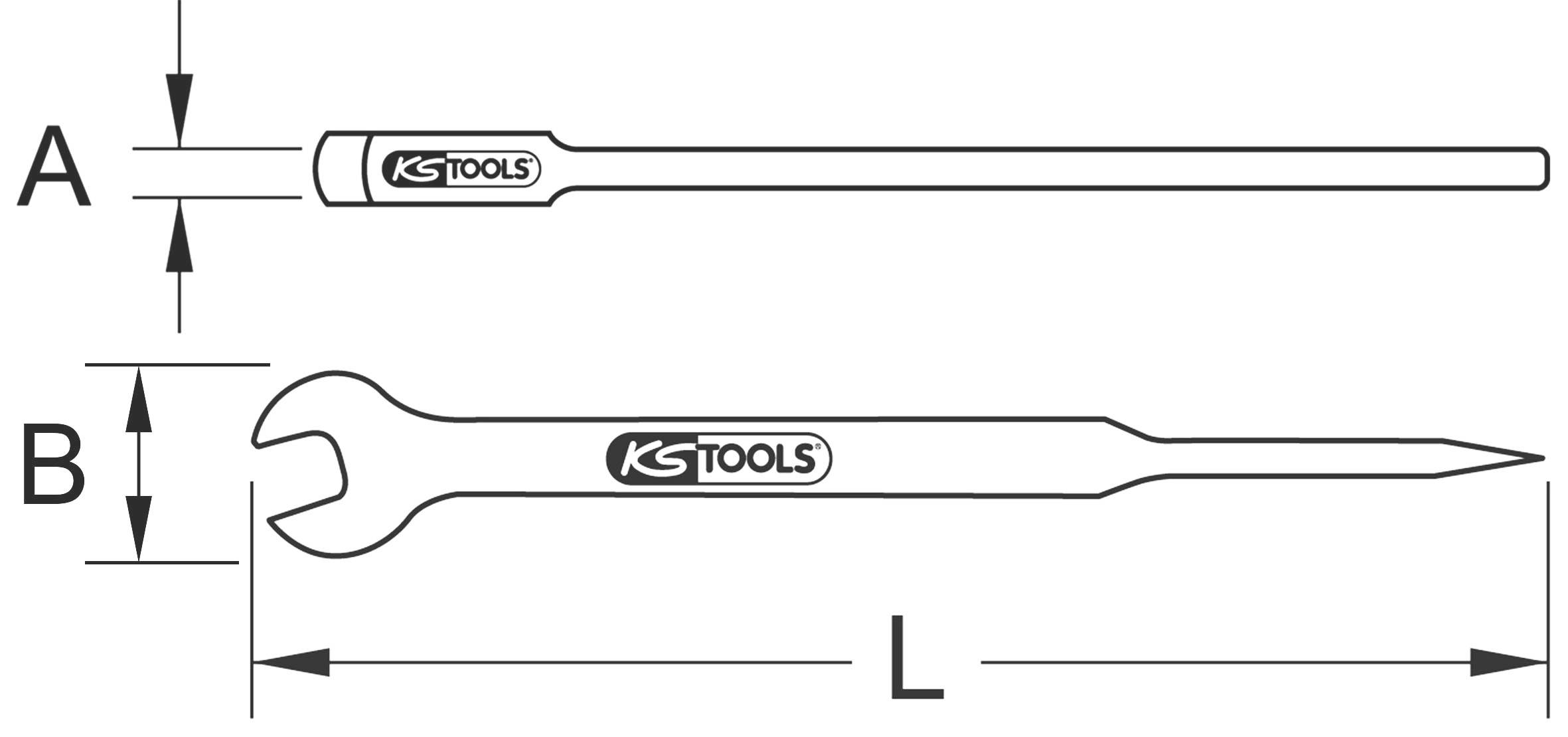 Abbildung zeigt einen Flachmaulschlüssel mit Maßen A und B sowie Länge L, alle markiert. Werkzeug ist mit 'KS Tools' beschriftet.