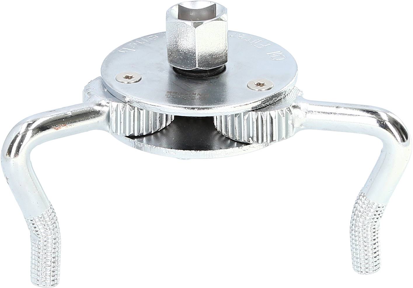 Metallischer Ölfilter-Schraubenschlüssel mit einstellbaren Armen und geriffeltem Griff, geeignet zum Entfernen von Auto-Ölfiltern.