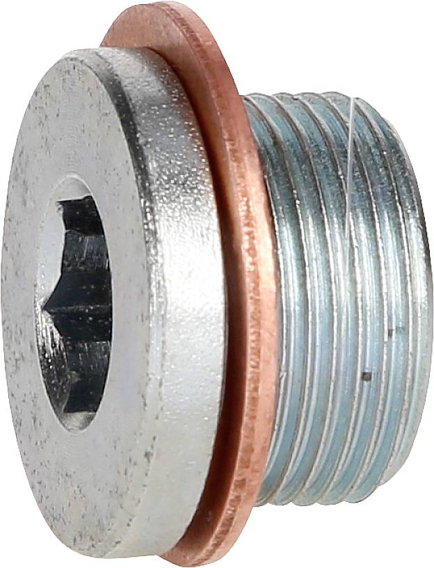 Metallgewindeschraube mit integriertem Unterlegscheibe, von der Seite betrachtet, zeigt die Struktur und das Gewinde.