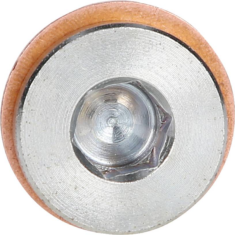 Nahaufnahme eines Metalllagers mit einem äußeren orangefarbenen Ring, Details der Rillen und Schrauben in der Mitte sichtbar.