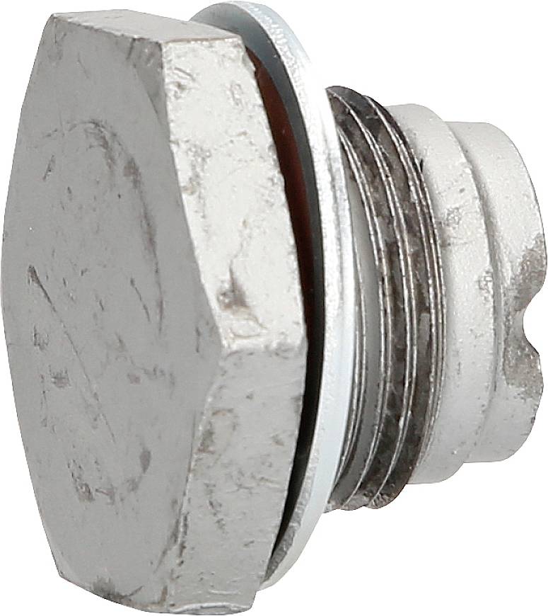 Silberfarbene Metallschraube mit sechseckigem Kopf und Gewinde, Seitenansicht.