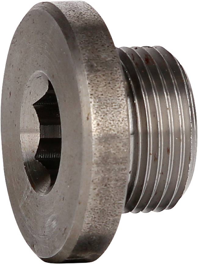 Metallischer Schraubverschluss mit runder, flacher Oberseite und Gewinde, geeignet für mechanische oder industrielle Anwendungen.