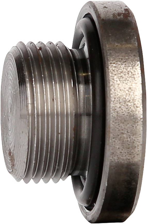 Metallschraube mit rundem Kopf und Gewinde, seitlich gesehen.