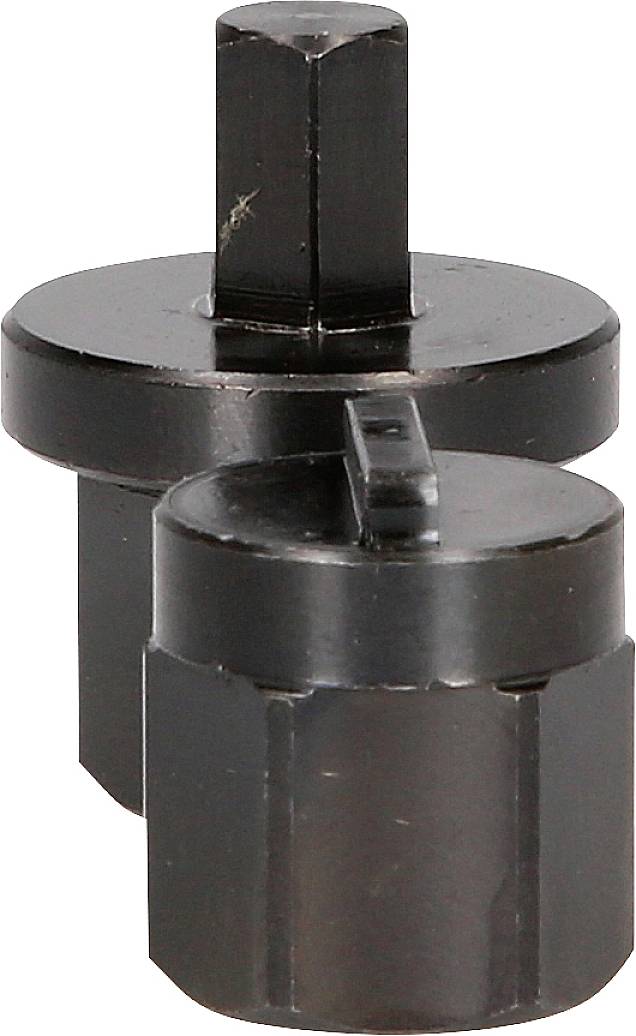 Zwei schwarze Metall-Werkzeugadapter, einer höher und zylinderförmig, der andere kürzer mit einem quadratischen Aufsatz, auf weißem Hintergrund.