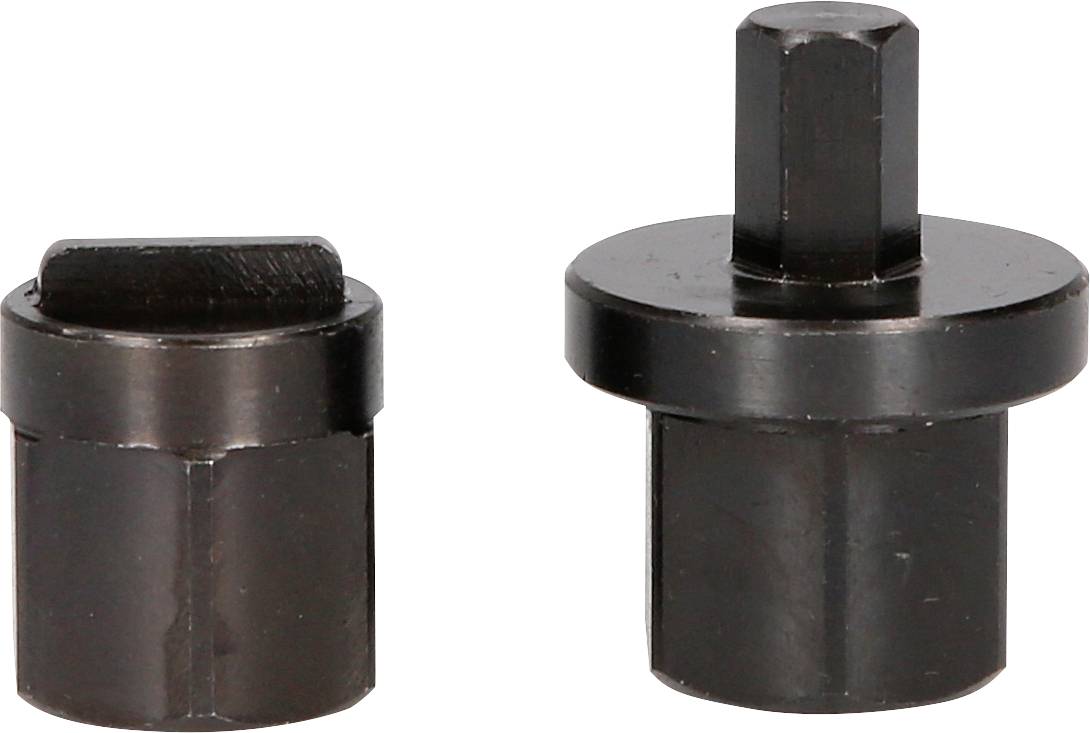 Zwei schwarze Metallstücke, eins mit rundem Kopf und abgeflachter Seite, das andere zylindrisch mit sechseckigem Fortsatz.
