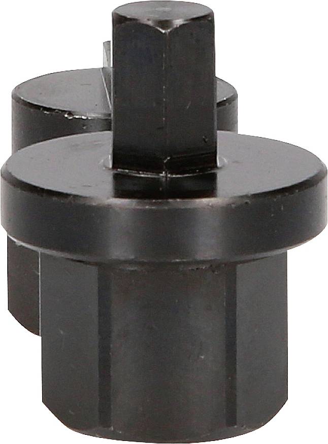 Schwarzer Metalladapter mit sechseckiger Basis und länglichem, quadratischem Endstück. Werkzeugteil für spezielle Anwendungen.