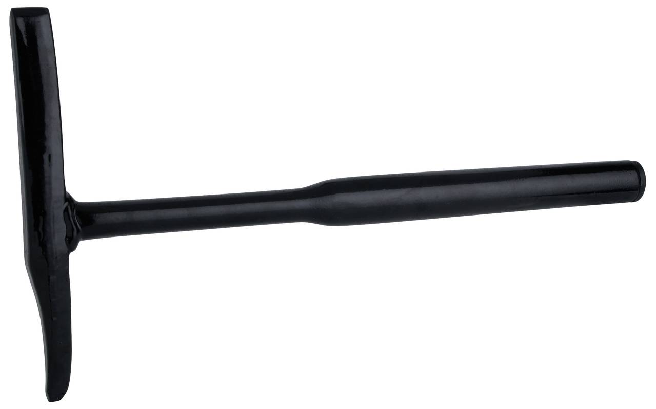 Ein schwarzer Spitzhammer mit langem Griff, teilweise rostig. Verwendet für Gesteins- oder Schlagausgrabungen.