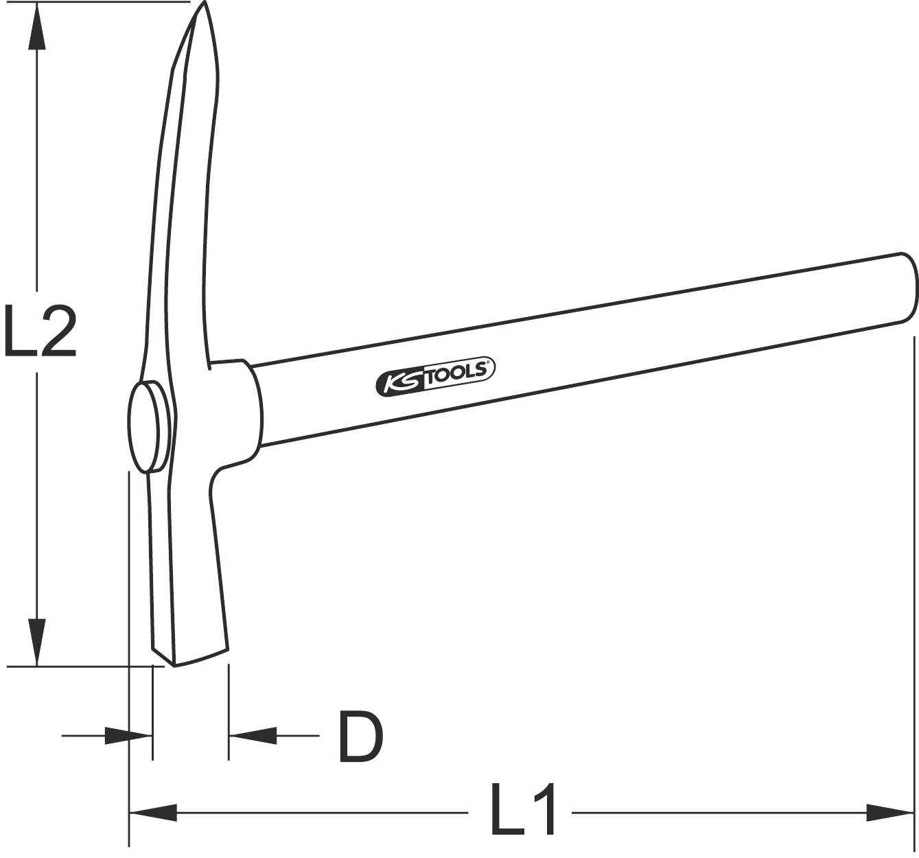 Eine technische Zeichnung eines Spitzhammers von KS Tools, zeigt Maße: L1 (Gesamtlänge), L2 (Kopfbereich), und D (Spitzentiefe).