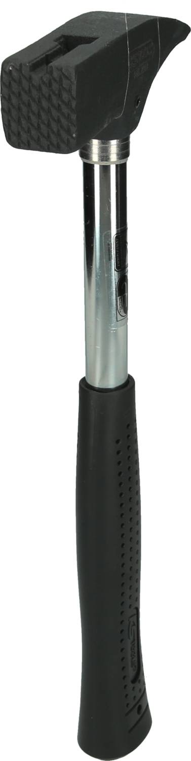 Ein Hammer mit schwarzem Gummikopf und langem Metallgriff, geeignet zum Arbeiten auf empfindlichen Oberflächen.