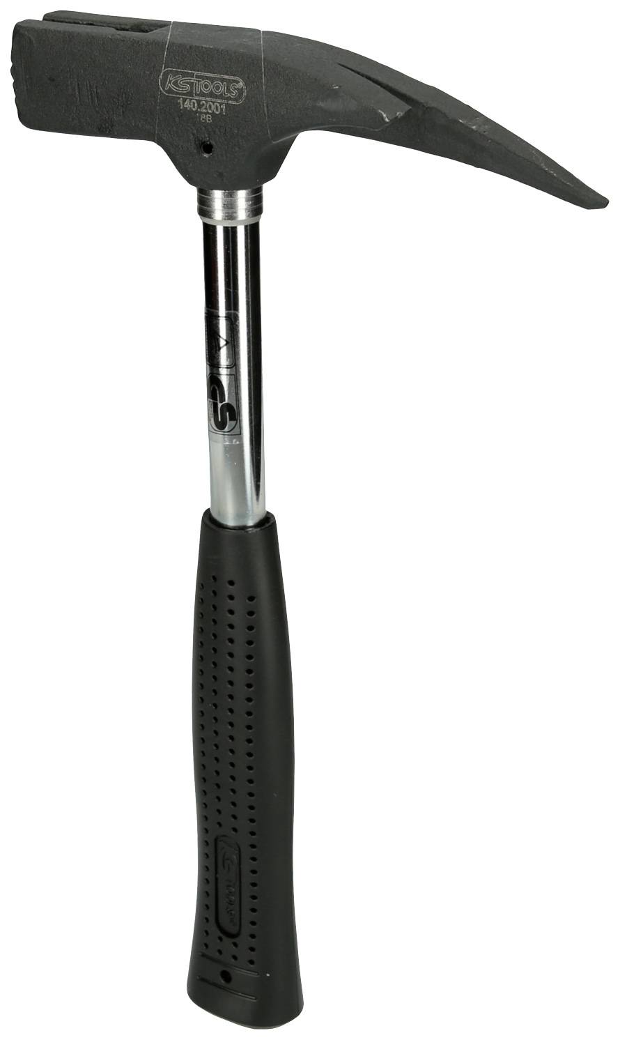 Schwarzer Steinhammer mit langem, geradem Griff und spitzem Ende. Hauptwerkzeug zum Spalten und Formen von Steinen.