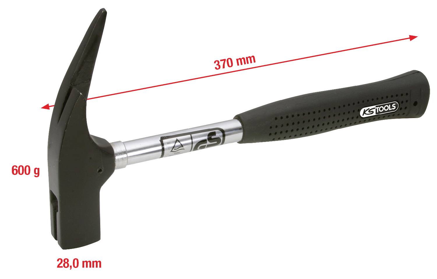 Schwarzer Hammer mit Metallkopf, 370 mm lang, wiegt 600 g. Griff mit Antirutschbeschichtung. KSTOOLS-Logo auf dem Griff.
