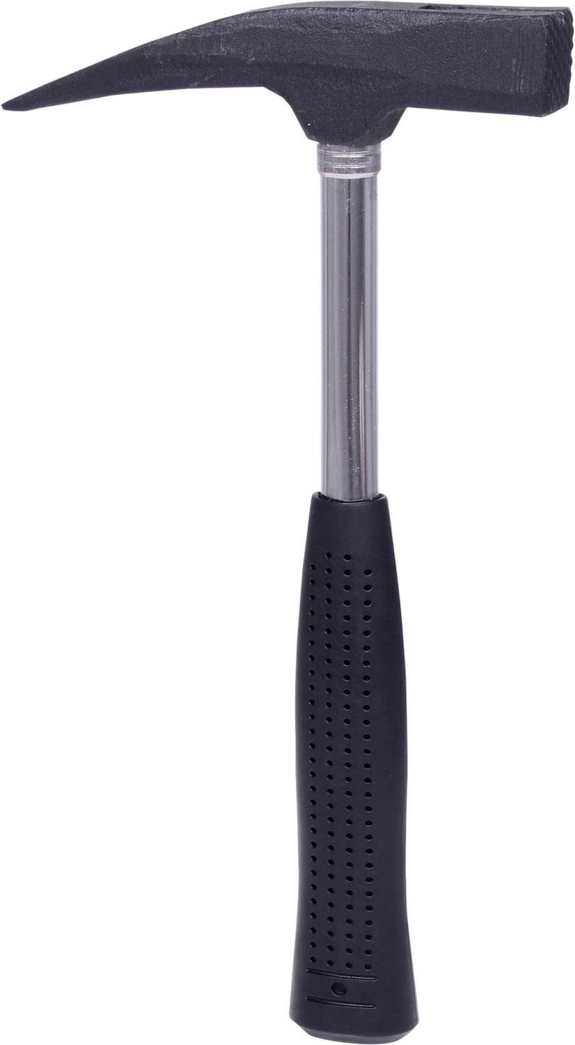 Ein schwarzer Hammer mit metallischem Stiel und gummiertem Griff, geeignet für Bau- oder Heimwerkerarbeiten.