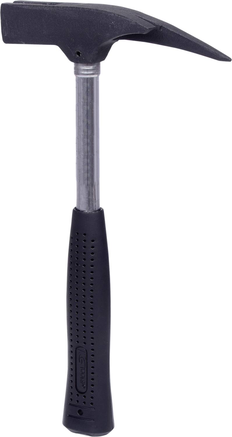 Ein schwarzer Hammer mit gebogenem Kopf und gummiertem Griff, geeignet für Zimmererarbeiten.