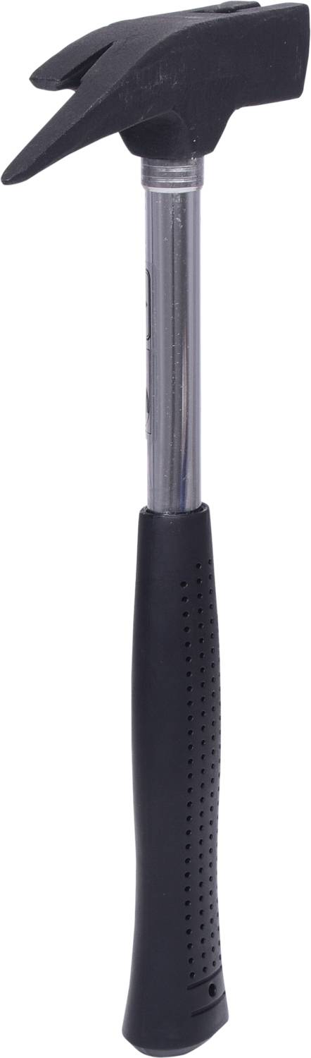 Ein schwarzer Hammer mit Klauenende, isoliert vor weißem Hintergrund. Werkzeug mit ergonomischem Griff für allgemeine Bauzwecke.
