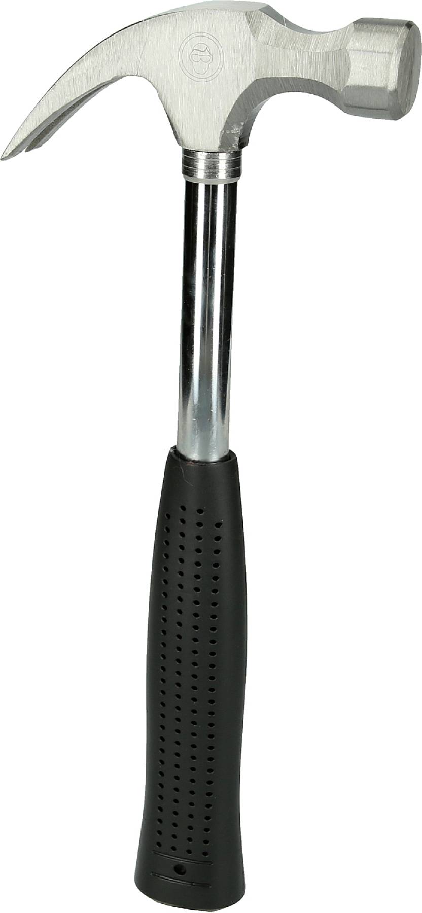 Ein silberner Hammer mit einem schwarzen, geriffelten Griff.