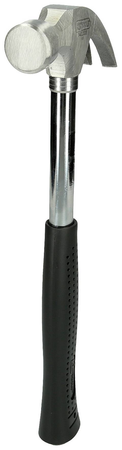 Ein silberner Hammer mit einem schwarzen Griff, abgebildet aufrecht vor einem weißen Hintergrund.