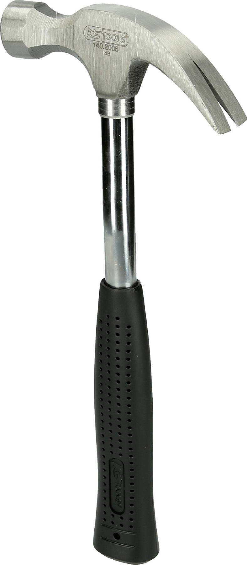 Ein metallischer Nagelhammer mit einem schwarzen, gummierten Griff. Der Kopf hat eine glatte Schlagfläche und eine gebogene Klaue zum Entfernen von Nägeln.