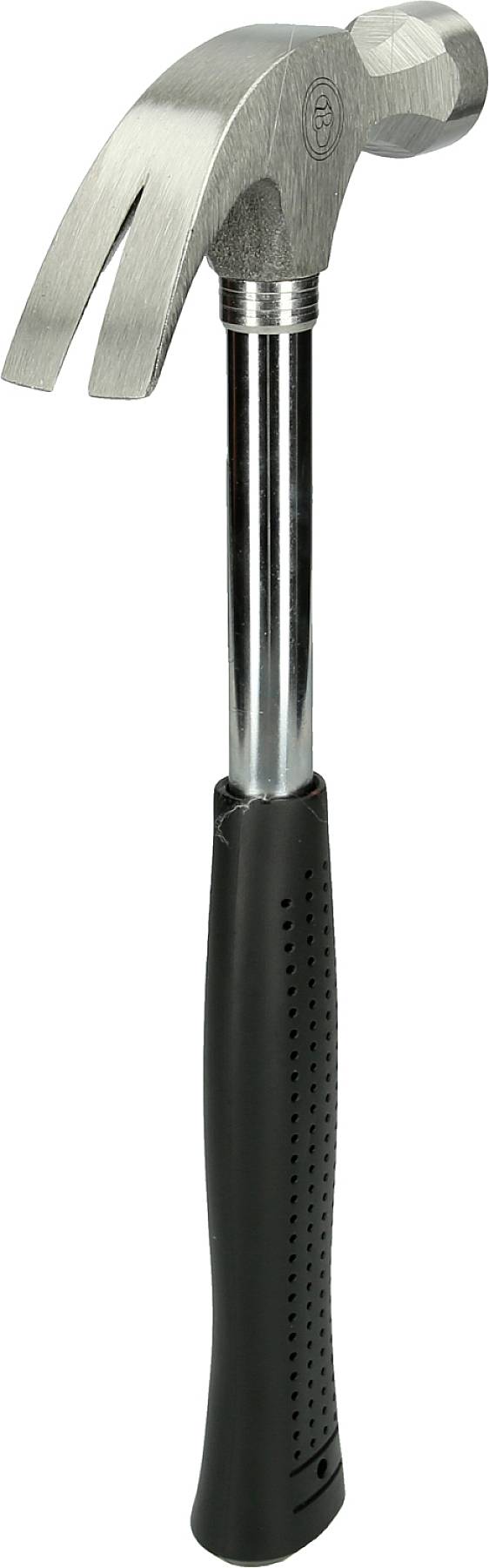 Ein silberner Hammer mit schwarzem, gummiertem Griff, der zum Nageln und Entfernen von Nägeln verwendet wird.